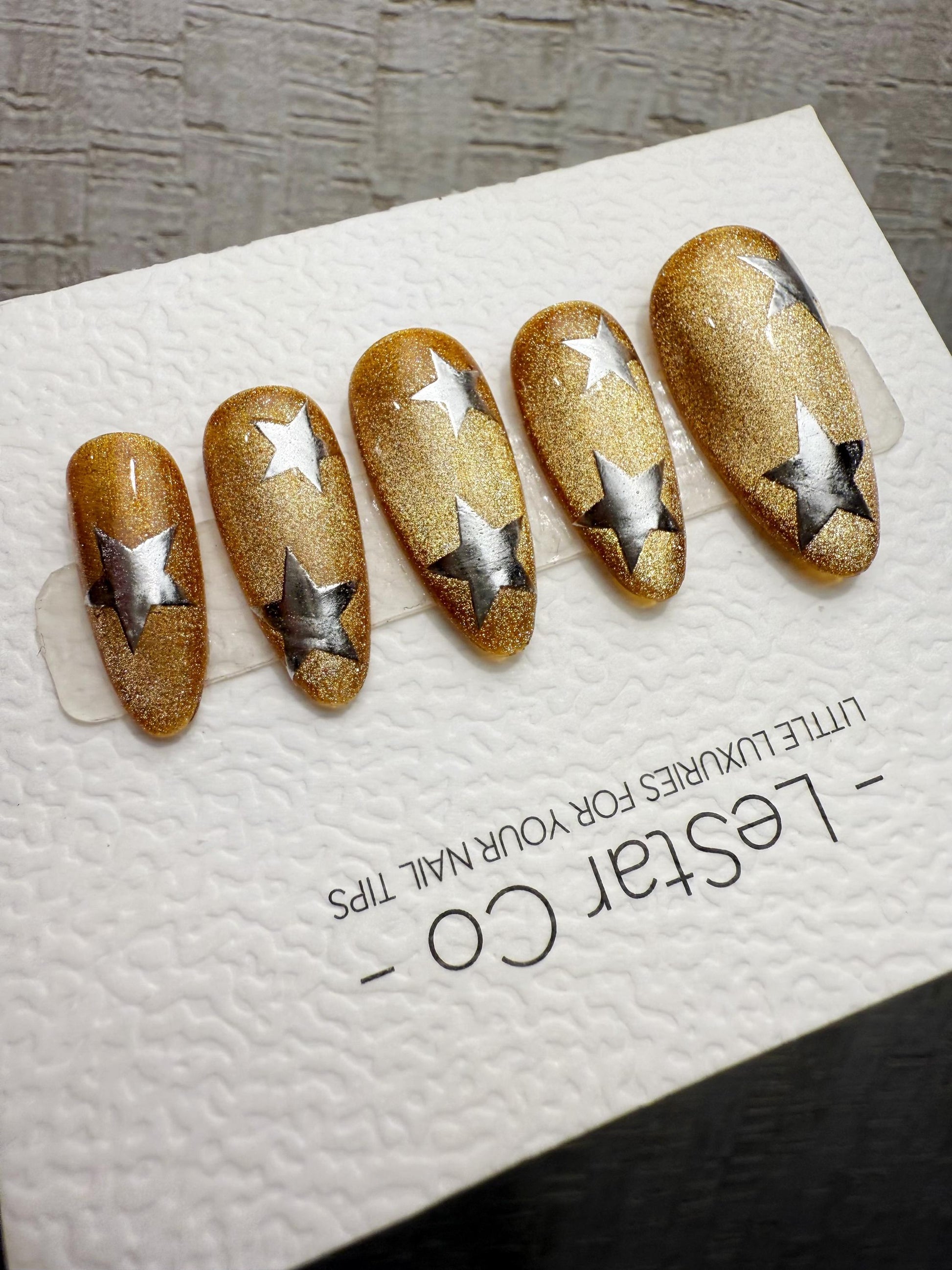 Handmade Press On Gold Star Rush Cat Eye Gel Nails 4for3 Timed Offer