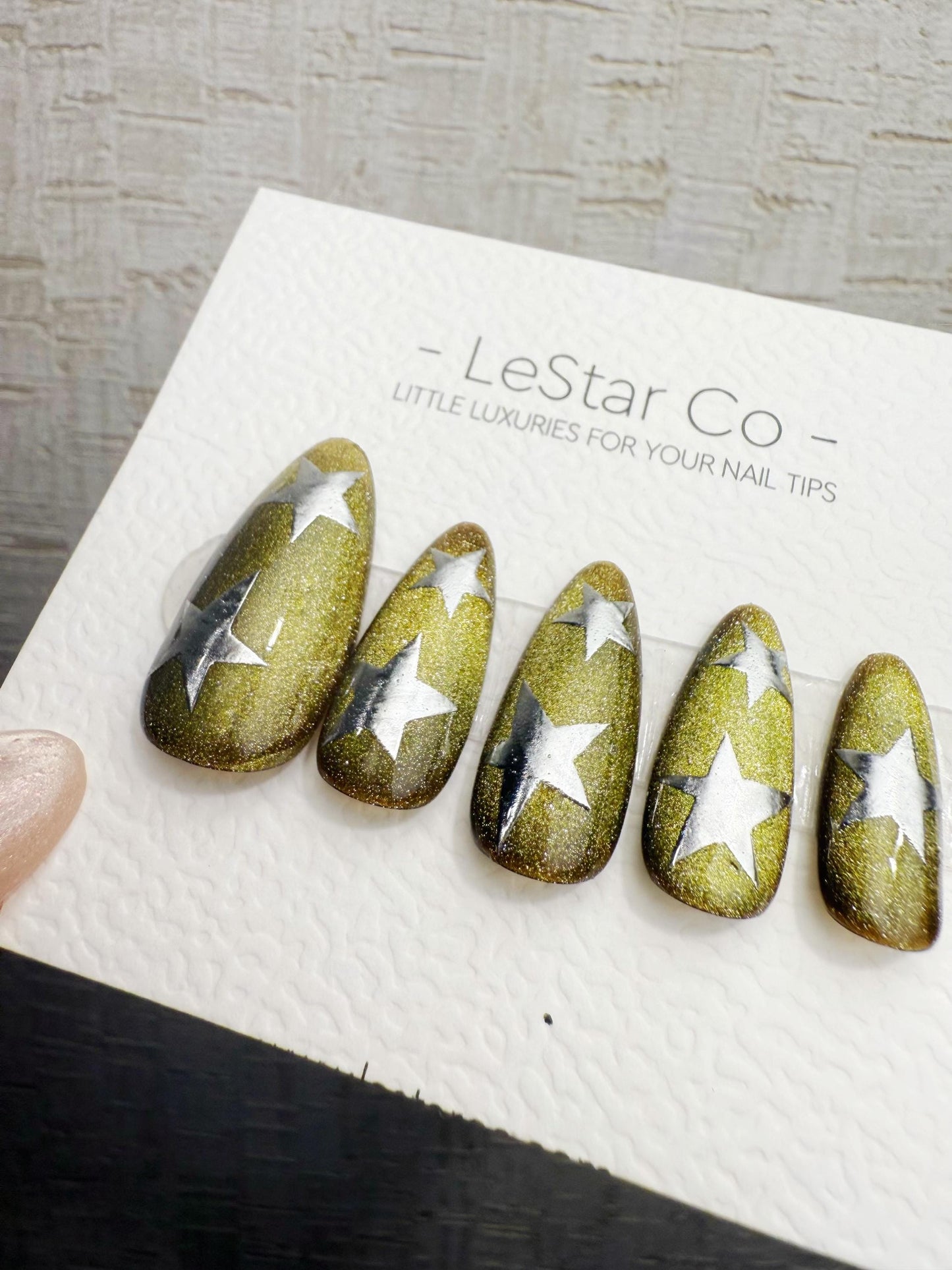 Handmade Press On Aurora Olive Star Cat Eye Gel Nails 4for3 Timed Offer