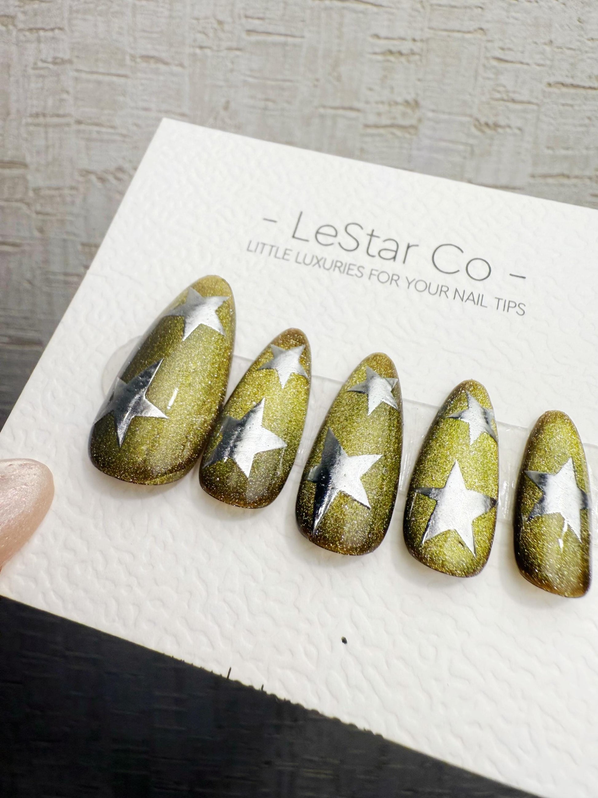 Handmade Press On Aurora Olive Star Cat Eye Gel Nails 4for3 Timed Offer