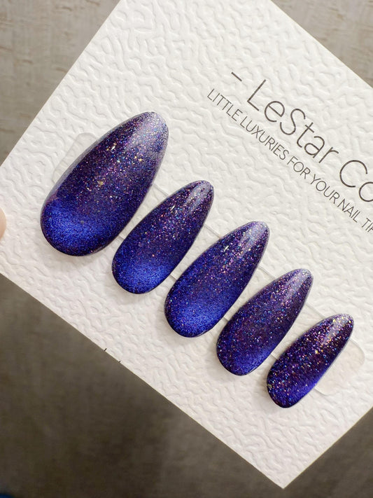 Handmade Press On Midnight Sapphire Dust Cat Eye Cat Eye Gel Acrylic Nails 4for3 Timed Offer