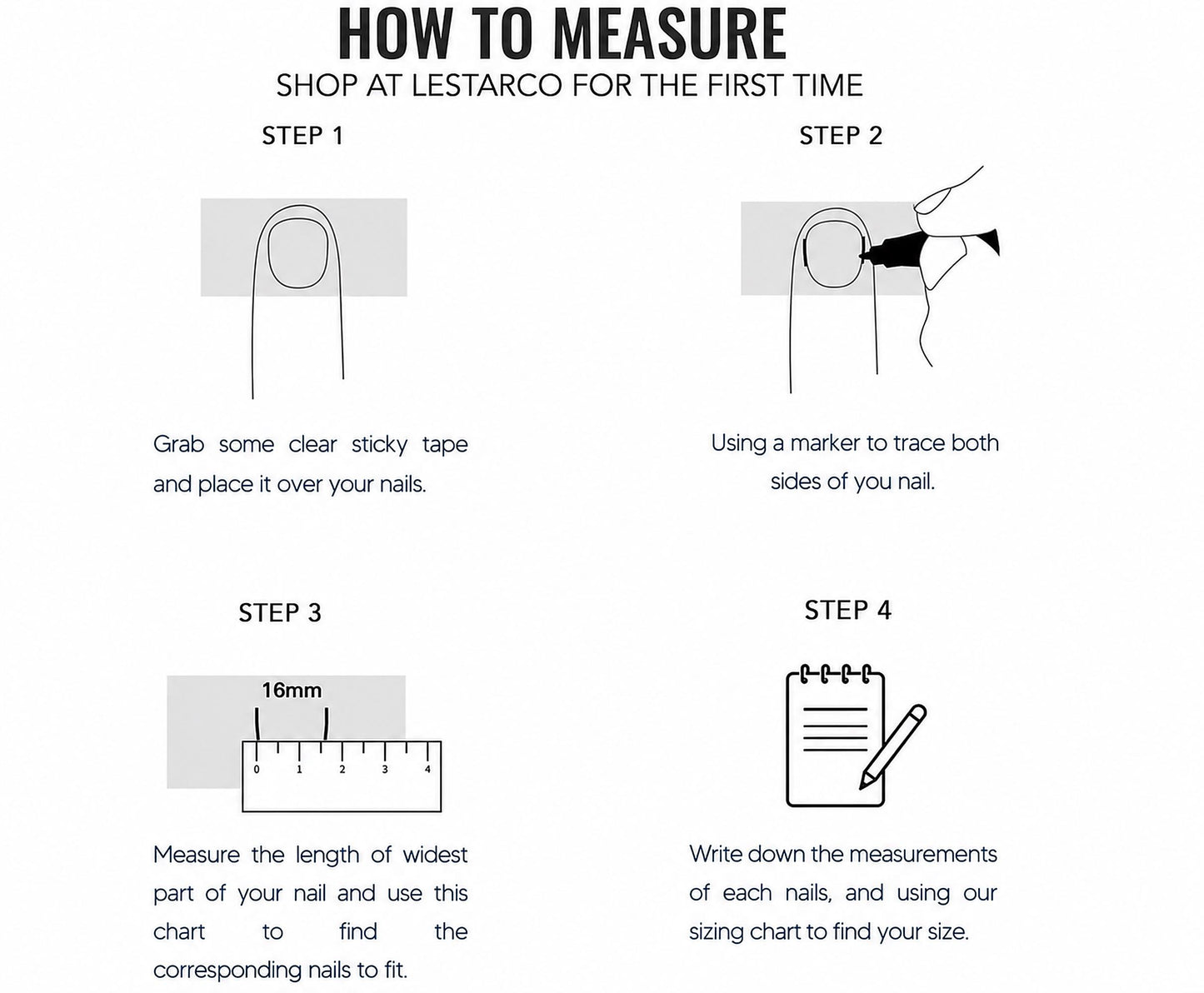 The image is a step-by-step guide on how to measure your nails using a chart and a ruler. It provides instructions on how to measure the width of the nails and use the chart to find the corresponding nails to fit.