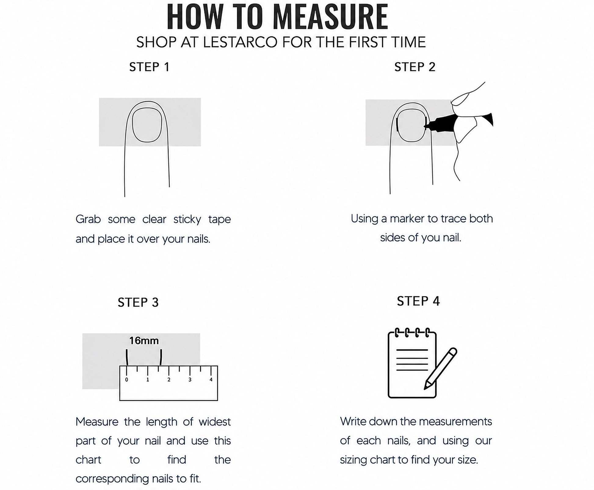 The image is a step-by-step guide on how to measure your nails using a chart and a ruler. It provides instructions on how to measure the width of the nails and use the chart to find the corresponding nails to fit.