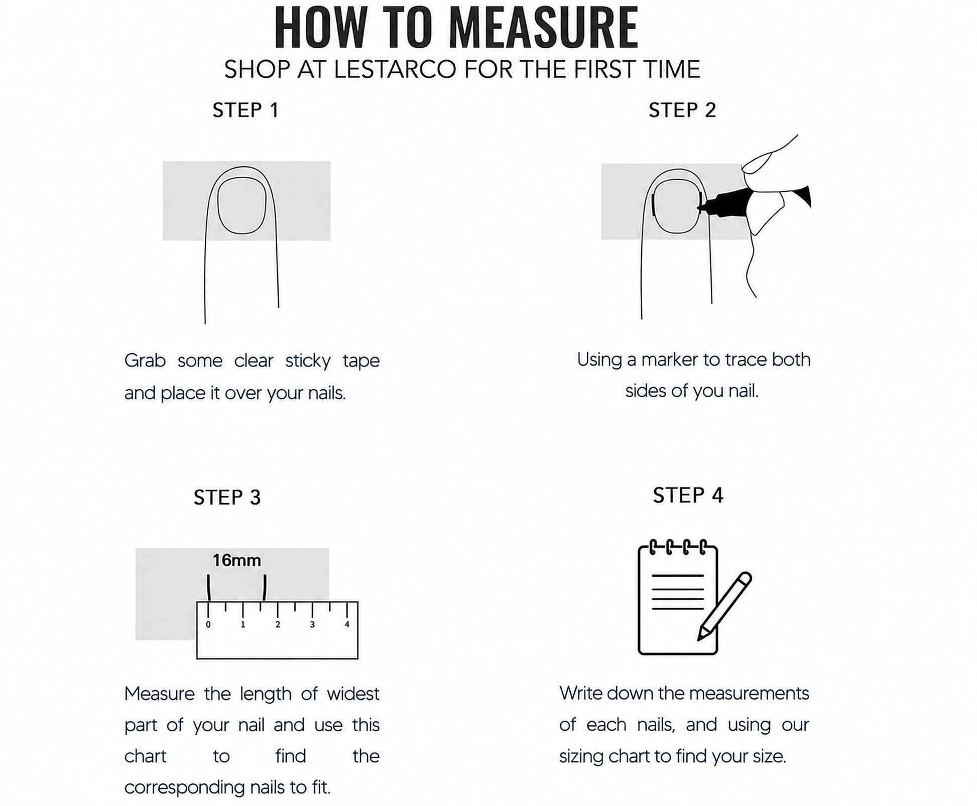 The image is a step-by-step guide on how to measure your nails using a chart and a ruler. It provides instructions on how to measure the width of the nails and use the chart to find the corresponding nails to fit.