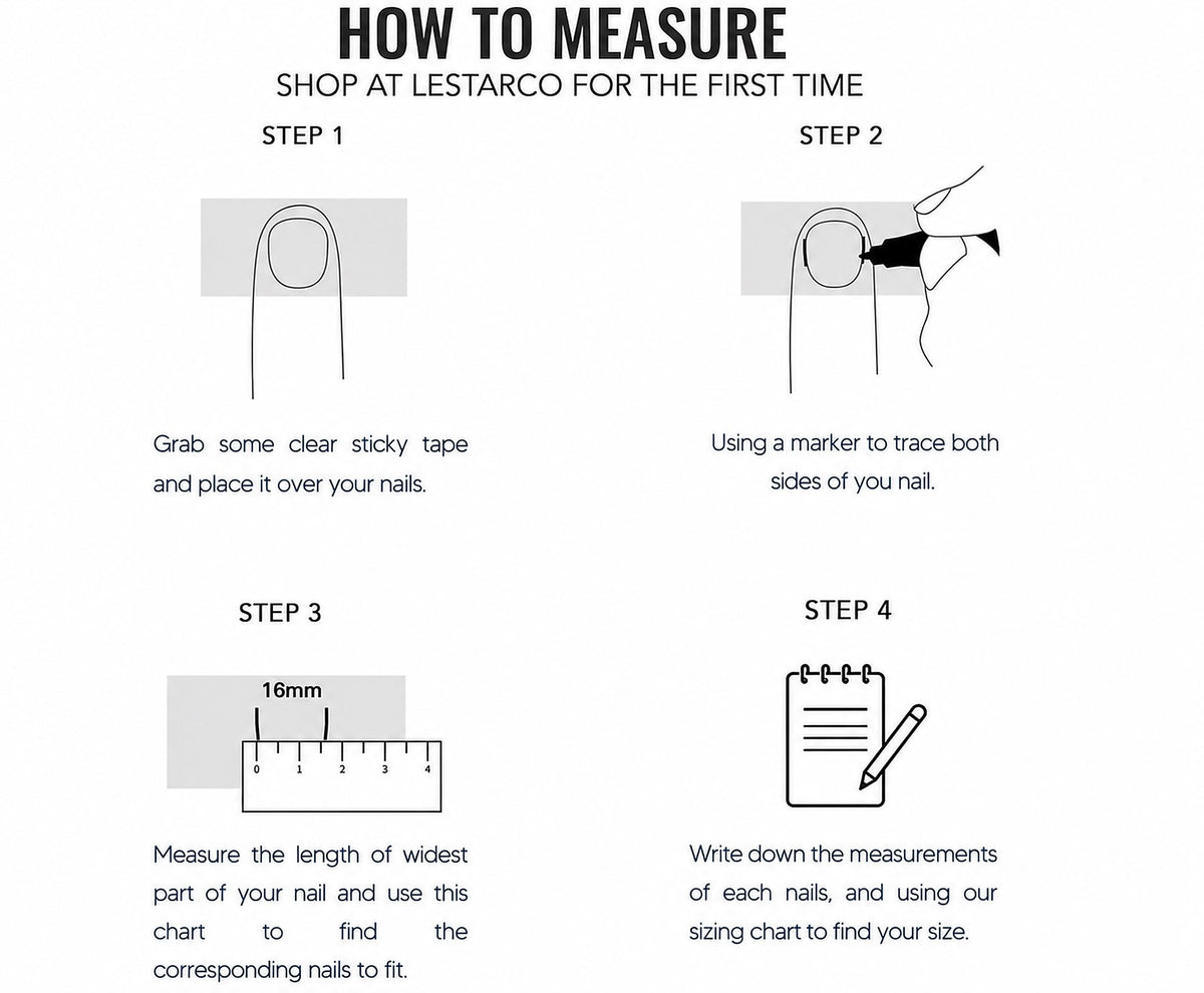 The image is a step-by-step guide on how to measure your nails using a chart and a ruler. It provides instructions on how to measure the width of the nails and use the chart to find the corresponding nails to fit.
