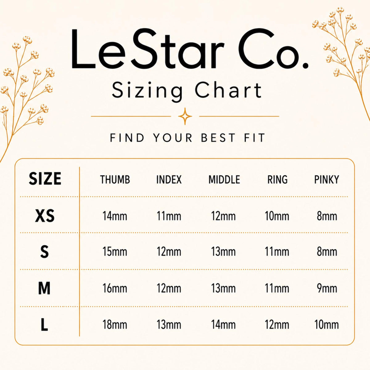 The image is a size chart from LeStar Co. featuring different sizes for a thumb, index, middle, ring, and pinky.
