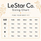 The image is a size chart from LeStar Co. featuring different sizes for a thumb, index, middle, ring, and pinky.
