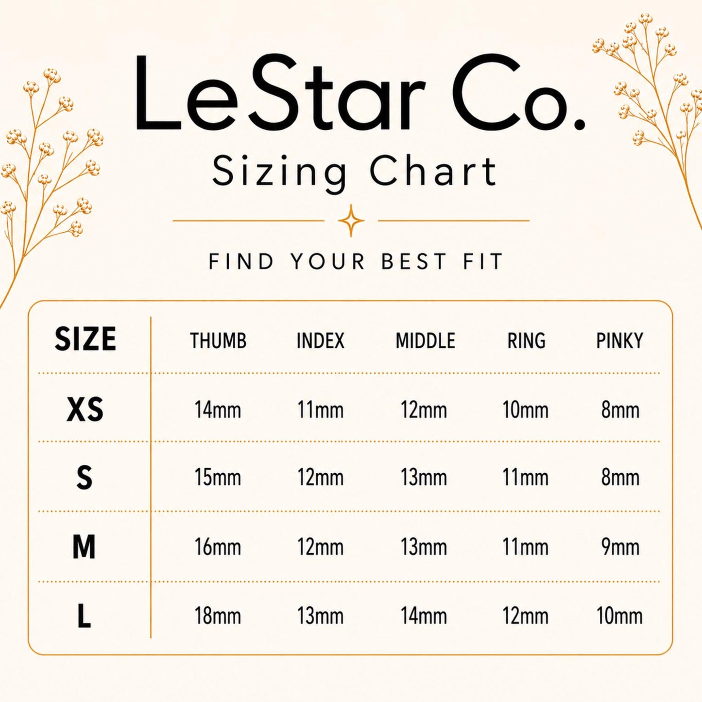 The image is a size chart from LeStar Co. featuring different sizes for a thumb, index, middle, ring, and pinky.