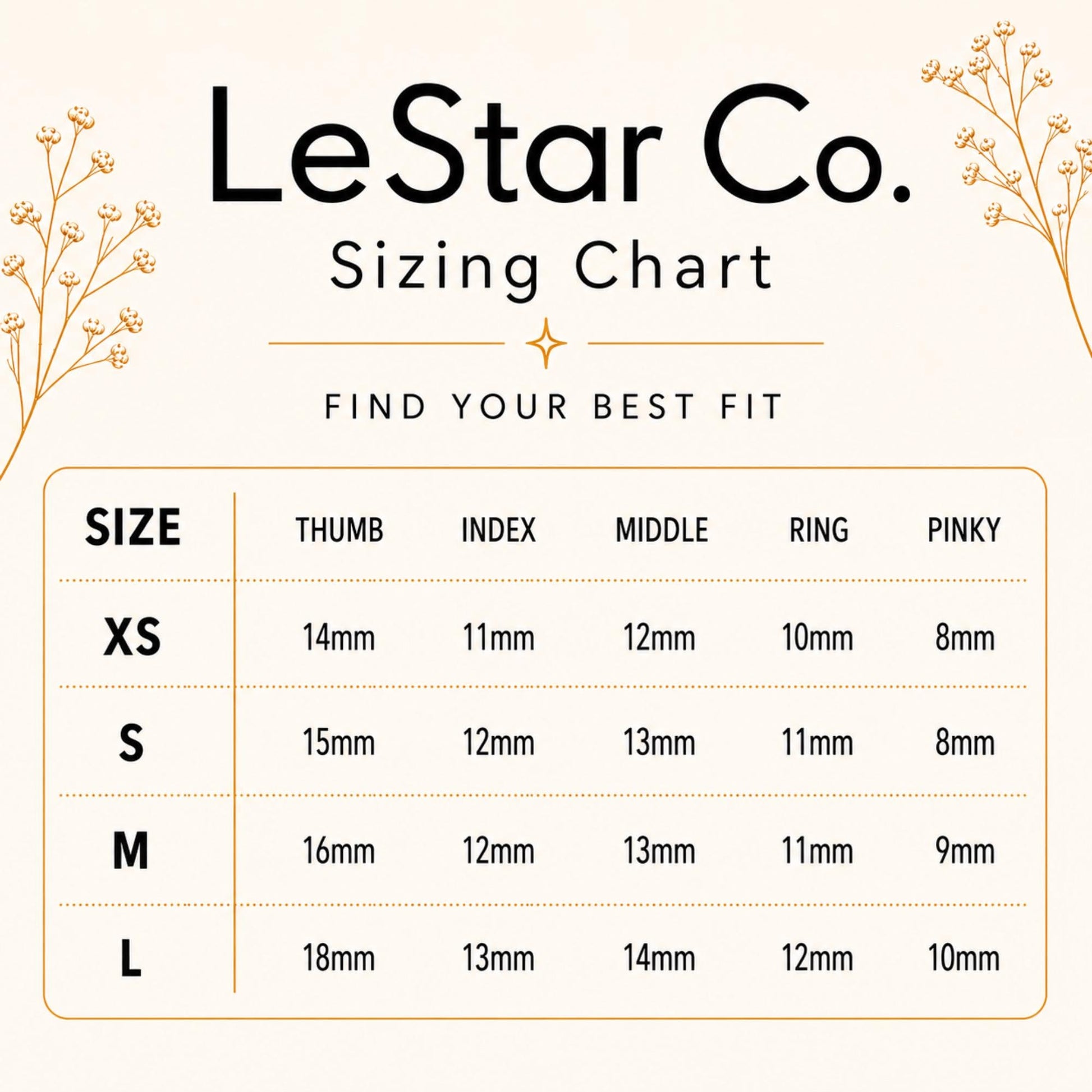 The image is a size chart from LeStar Co. featuring different sizes for a thumb, index, middle, ring, and pinky.