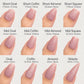 a collection of twelve different nail polish colors, each corresponding to a specific nail shape, such as short oval, short coffin, short almond, short square, mid oval, mid coffin, mid almond, mid square, oval, coffin, almond, and stiletto.