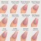 a collection of twelve different nail polish colors, each corresponding to a specific nail shape, such as short oval, short coffin, short almond, short square, mid oval, mid coffin, mid almond, mid square, oval, coffin, almond, and stiletto.