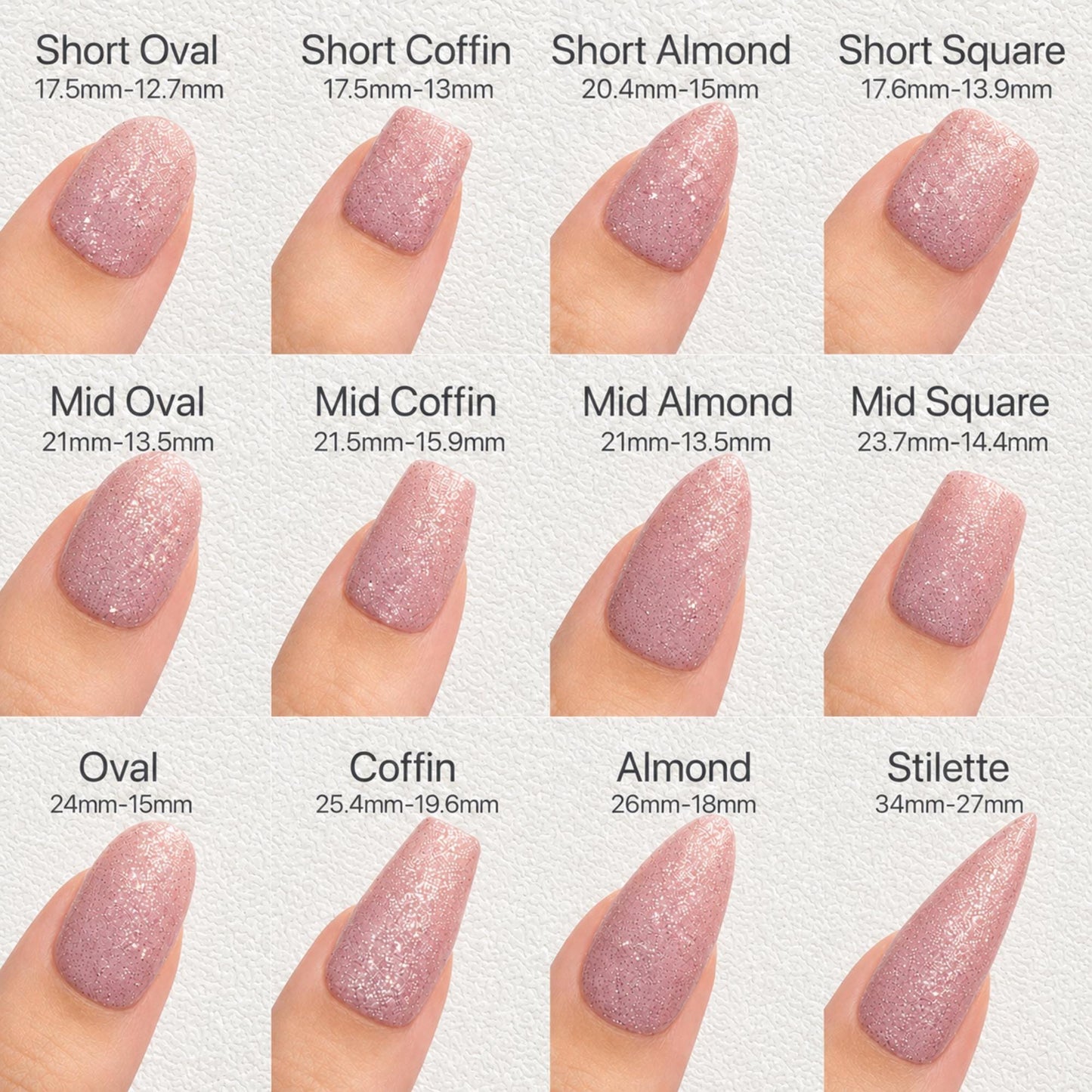 a collection of twelve different nail polish colors, each corresponding to a specific nail shape, such as short oval, short coffin, short almond, short square, mid oval, mid coffin, mid almond, mid square, oval, coffin, almond, and stiletto.
