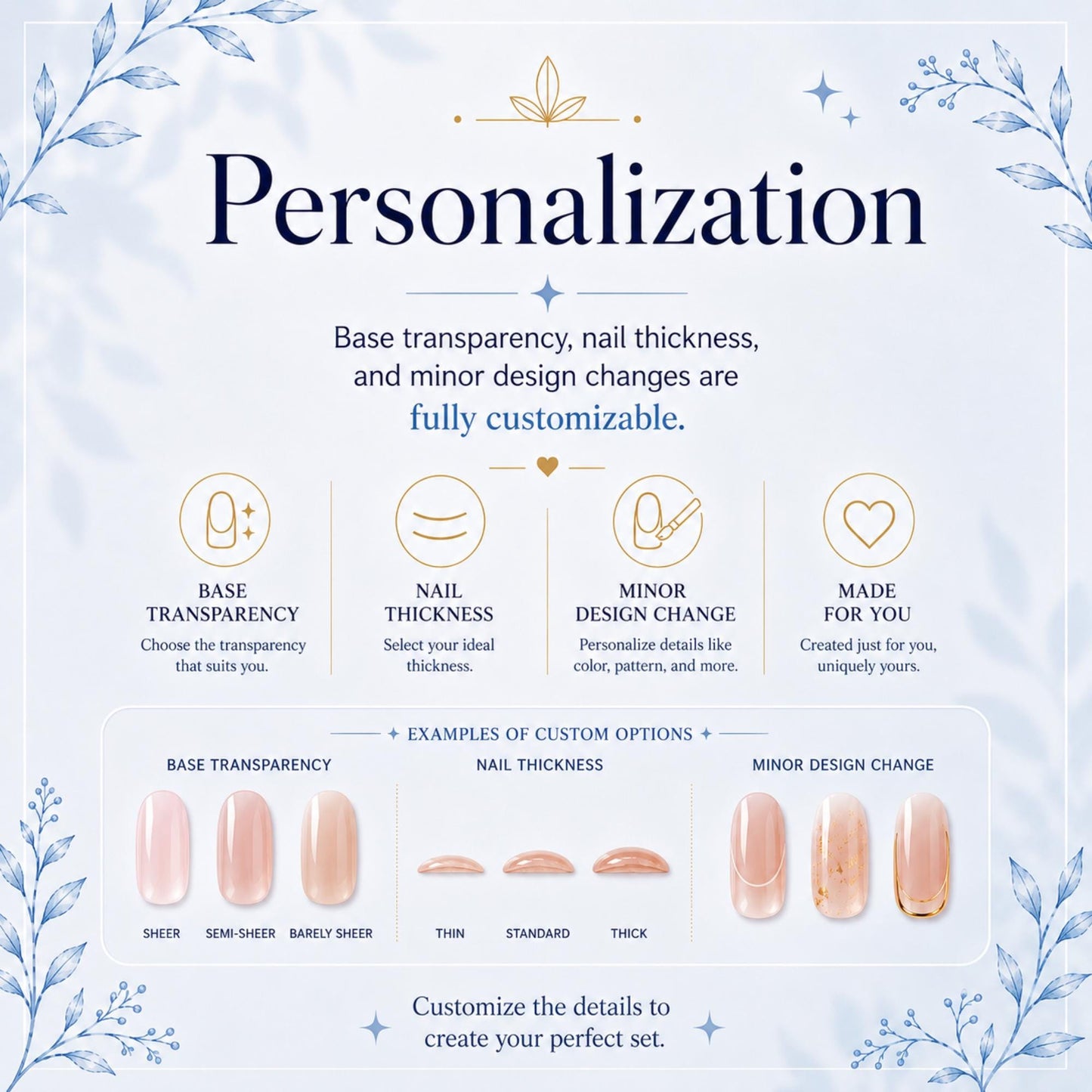 The image is a visual guide that provides information about personalized nail care, including options for base transparency, nail thickness, and minor design changes. It features examples of custom nail thicknesses and designs, as well as descriptions of the different nail styles available. The guide encourages the viewer to customize the details to create their perfect set, highlighting the flexibility and customization options in nail care.