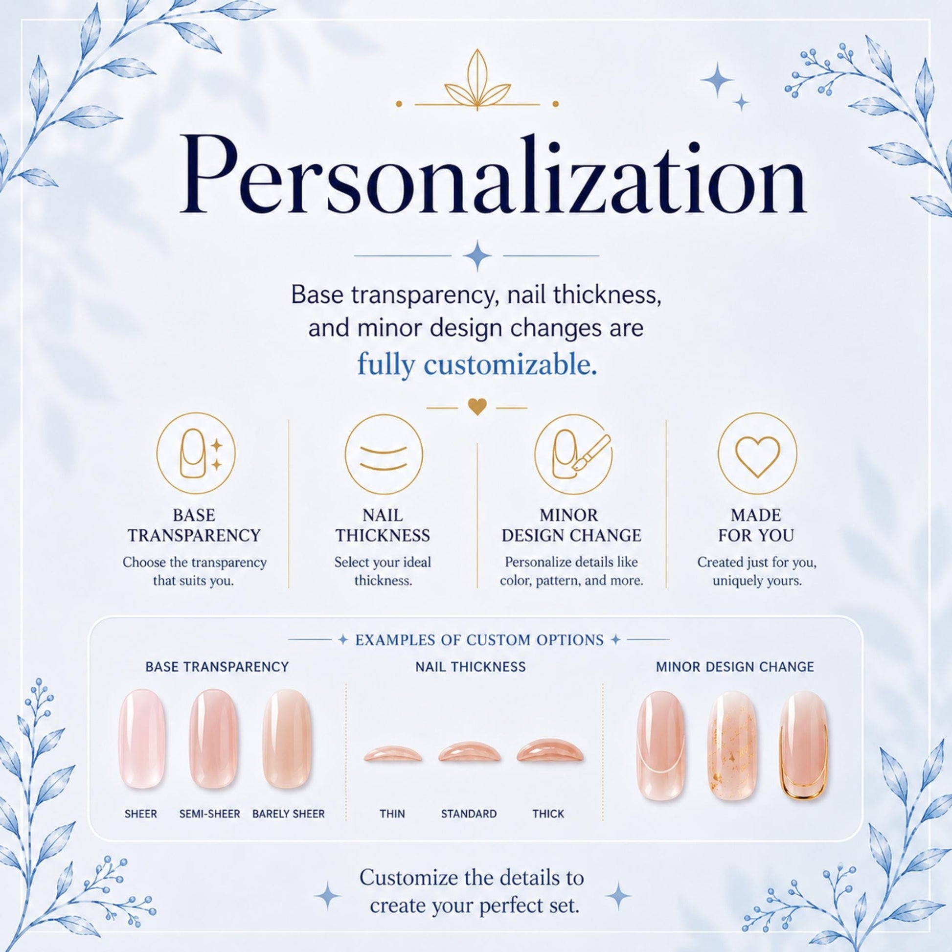 The image is a visual guide that provides information about personalized nail care, including options for base transparency, nail thickness, and minor design changes. It features examples of custom nail thicknesses and designs, as well as descriptions of the different nail styles available. The guide encourages the viewer to customize the details to create their perfect set, highlighting the flexibility and customization options in nail care.
