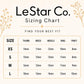 The image is a size chart from LeStar Co. featuring different sizes for a thumb, index, middle, ring, and pinky.