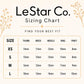 The image is a size chart from LeStar Co. featuring different sizes for a thumb, index, middle, ring, and pinky.