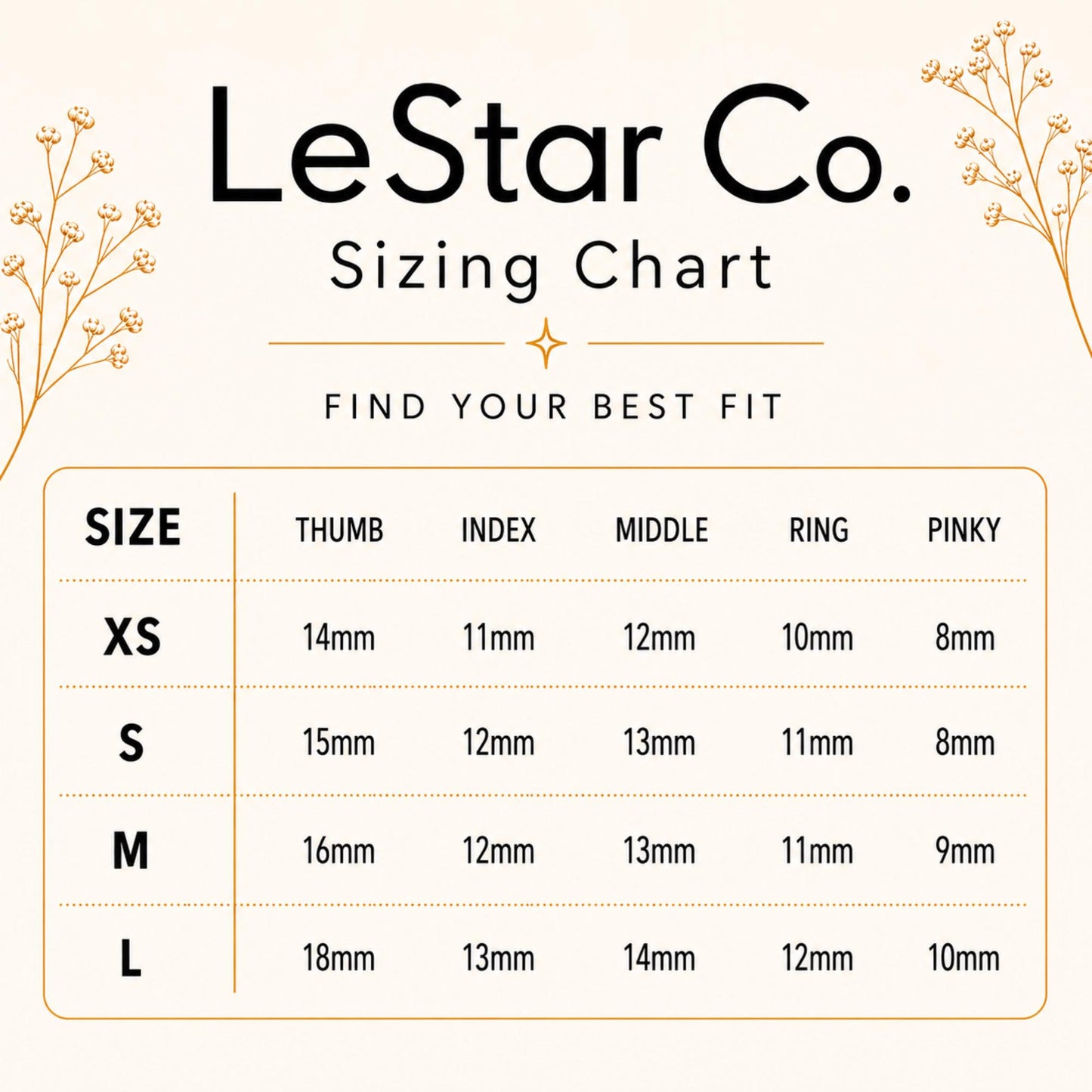 The image is a size chart from LeStar Co. featuring different sizes for a thumb, index, middle, ring, and pinky.
