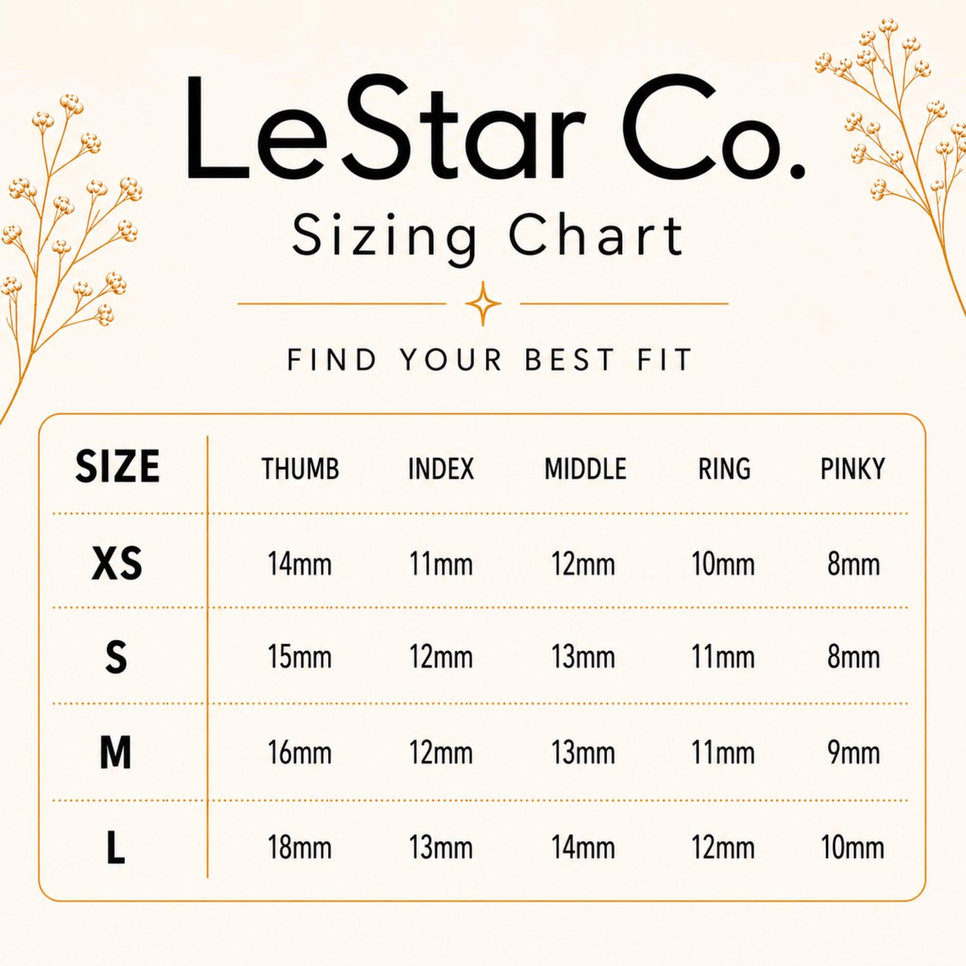 The image is a size chart from LeStar Co. featuring different sizes for a thumb, index, middle, ring, and pinky.