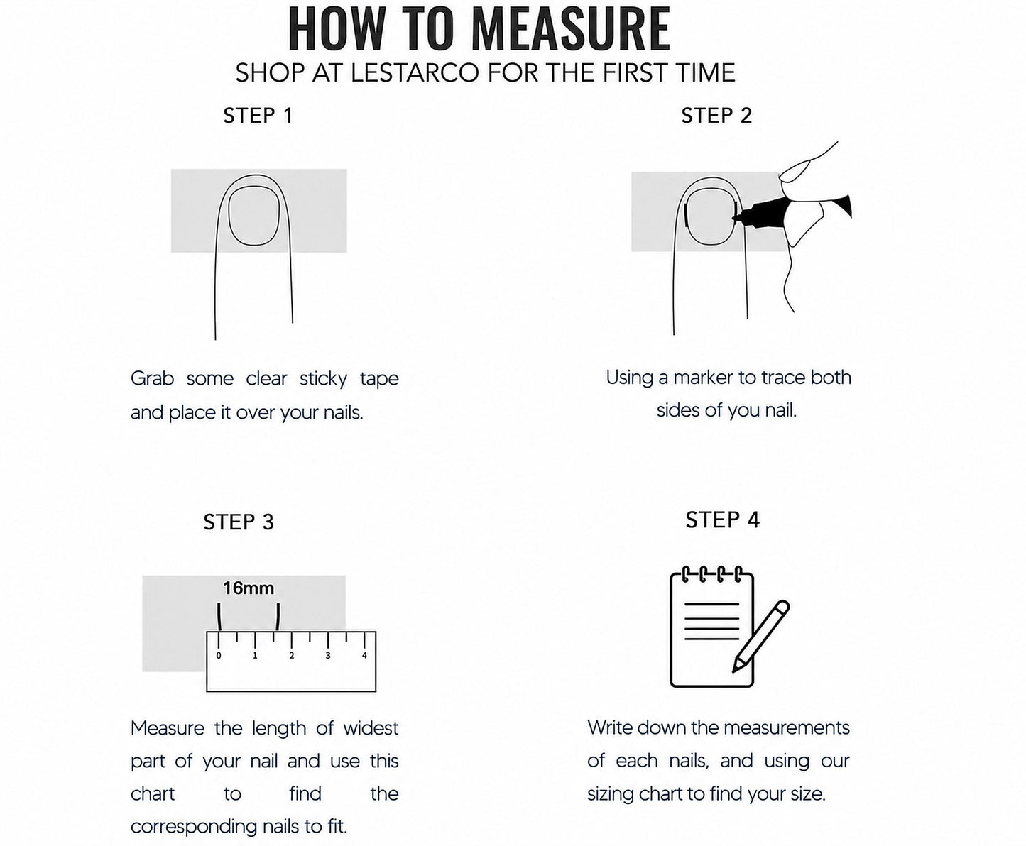 The image is a step-by-step guide on how to measure your nails using a chart and a ruler. It provides instructions on how to measure the width of the nails and use the chart to find the corresponding nails to fit.