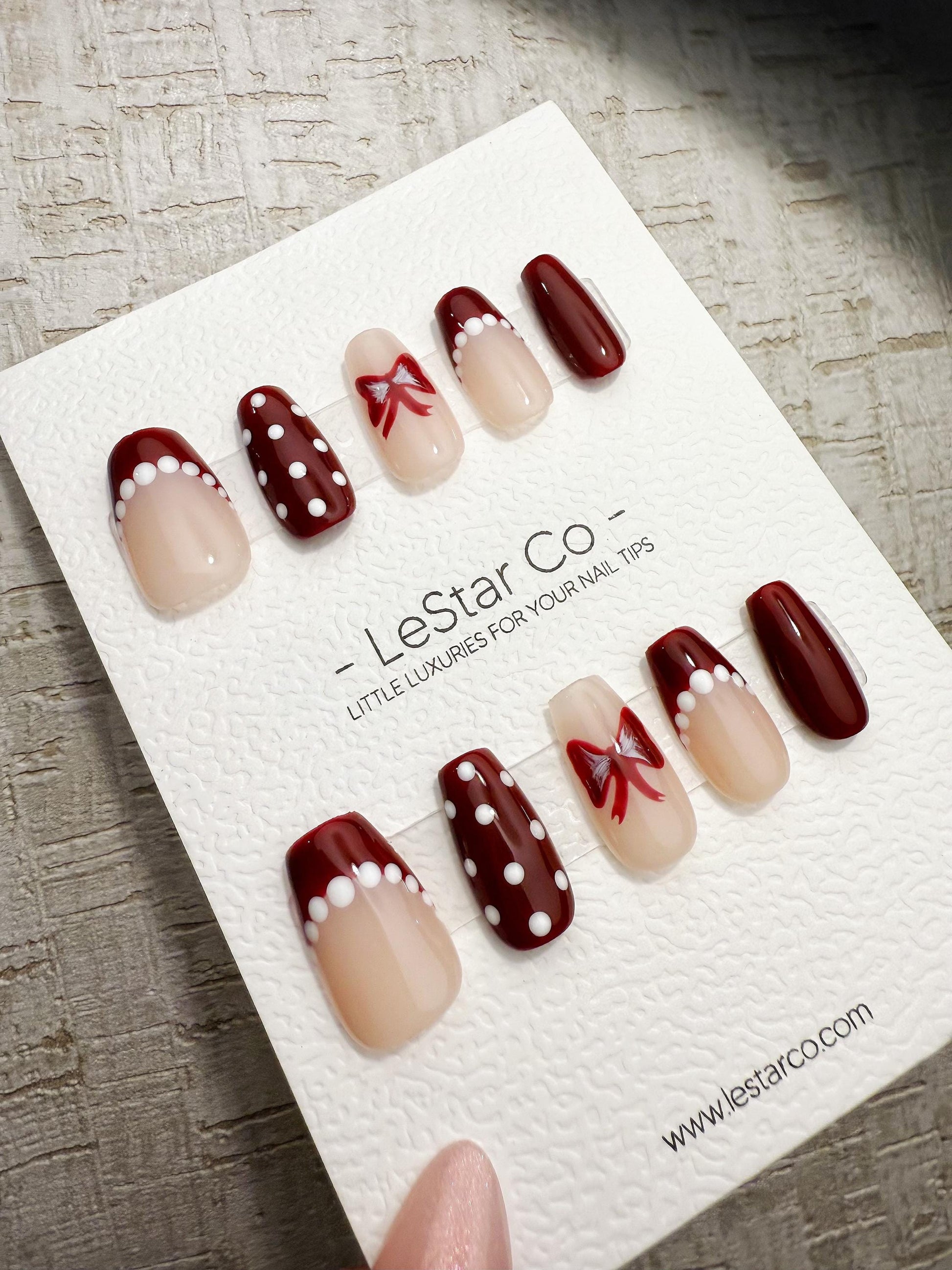 Handmade Press On Burgundy Polka French Gel Acrylic Nails 4for3 Timed Offer