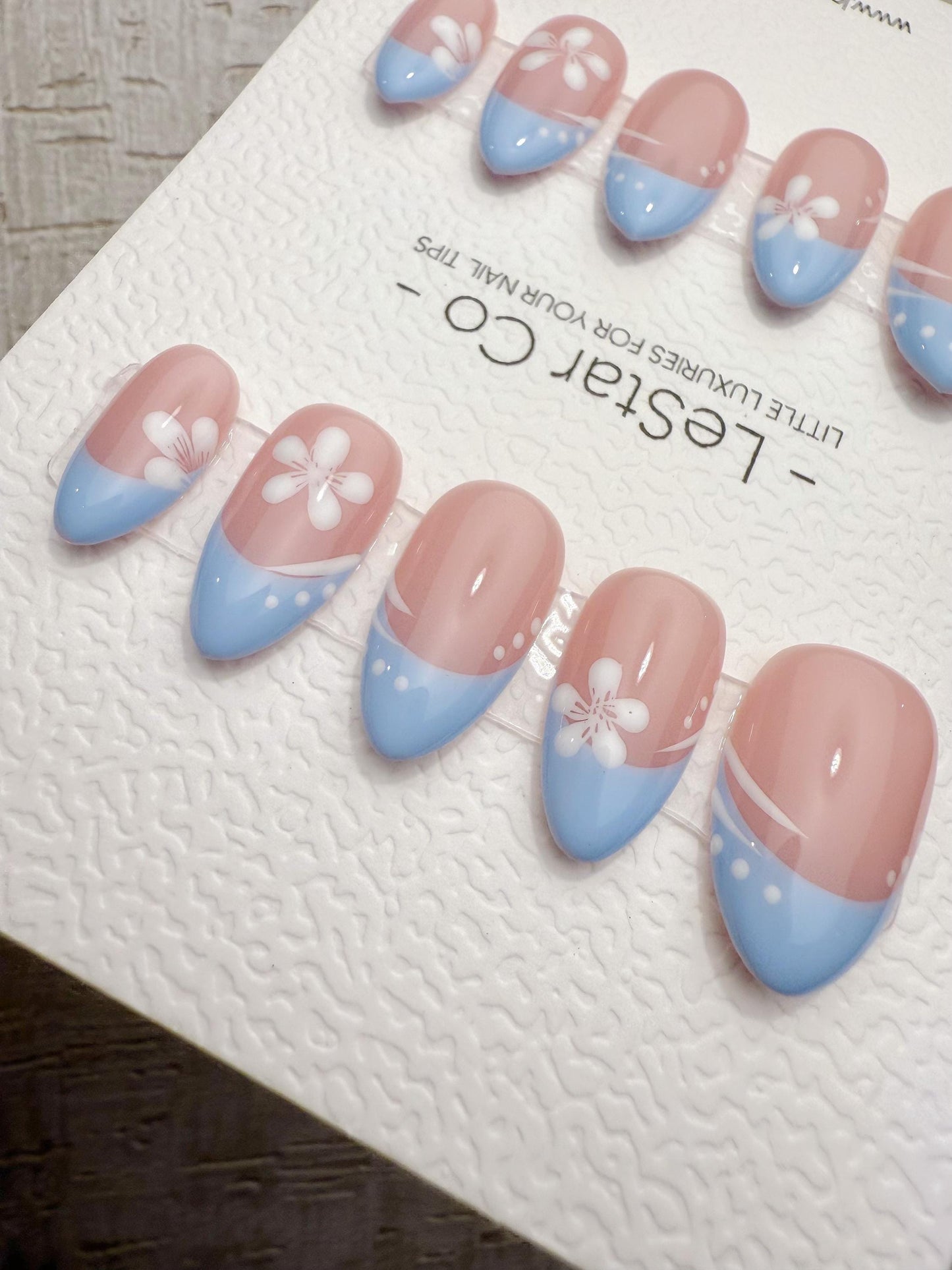 Handmade Press On Blue Blossom French Gel Acrylic Nails 4for3 Timed Offer