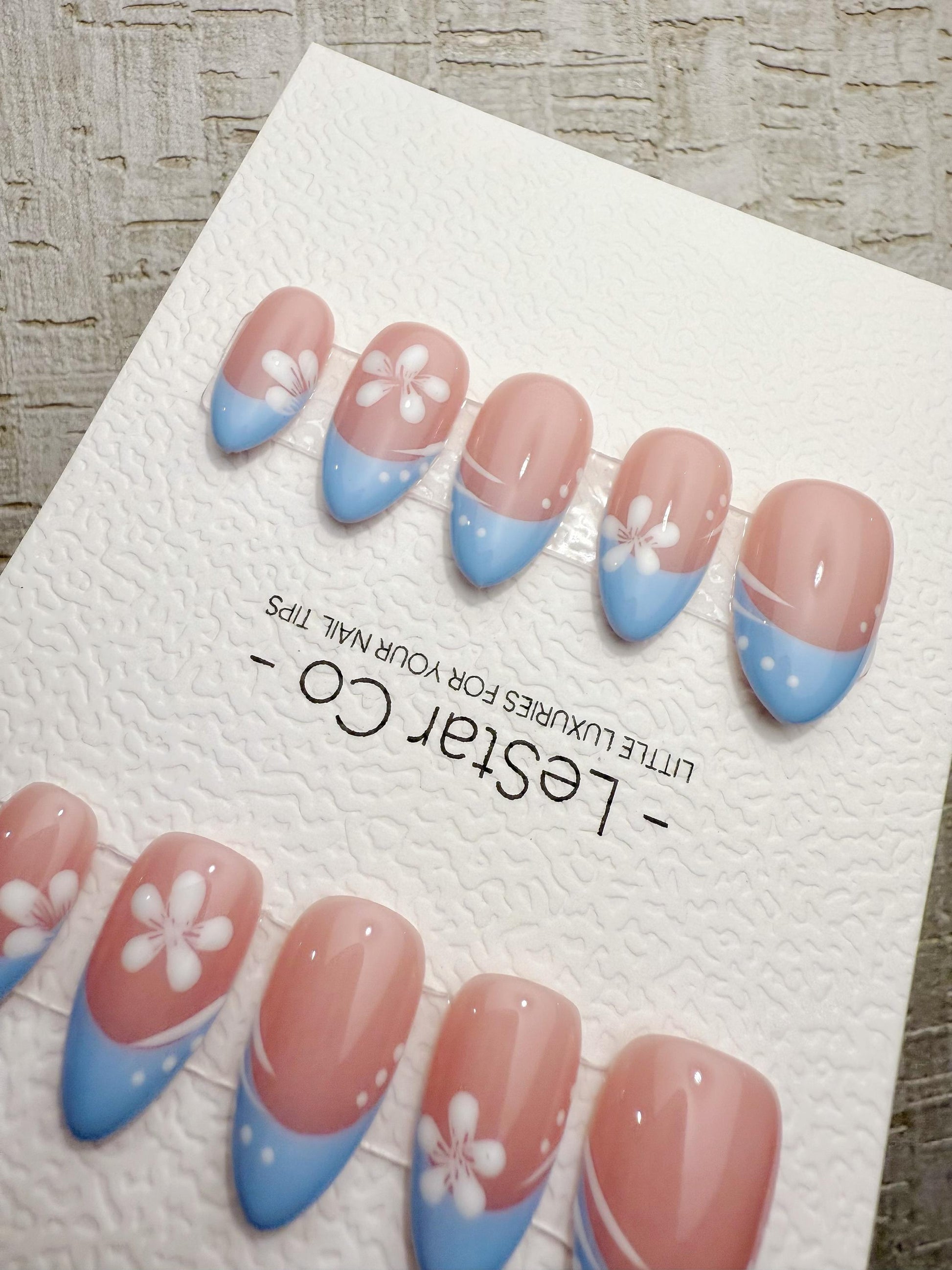 Handmade Press On Blue Blossom French Gel Acrylic Nails 4for3 Timed Offer