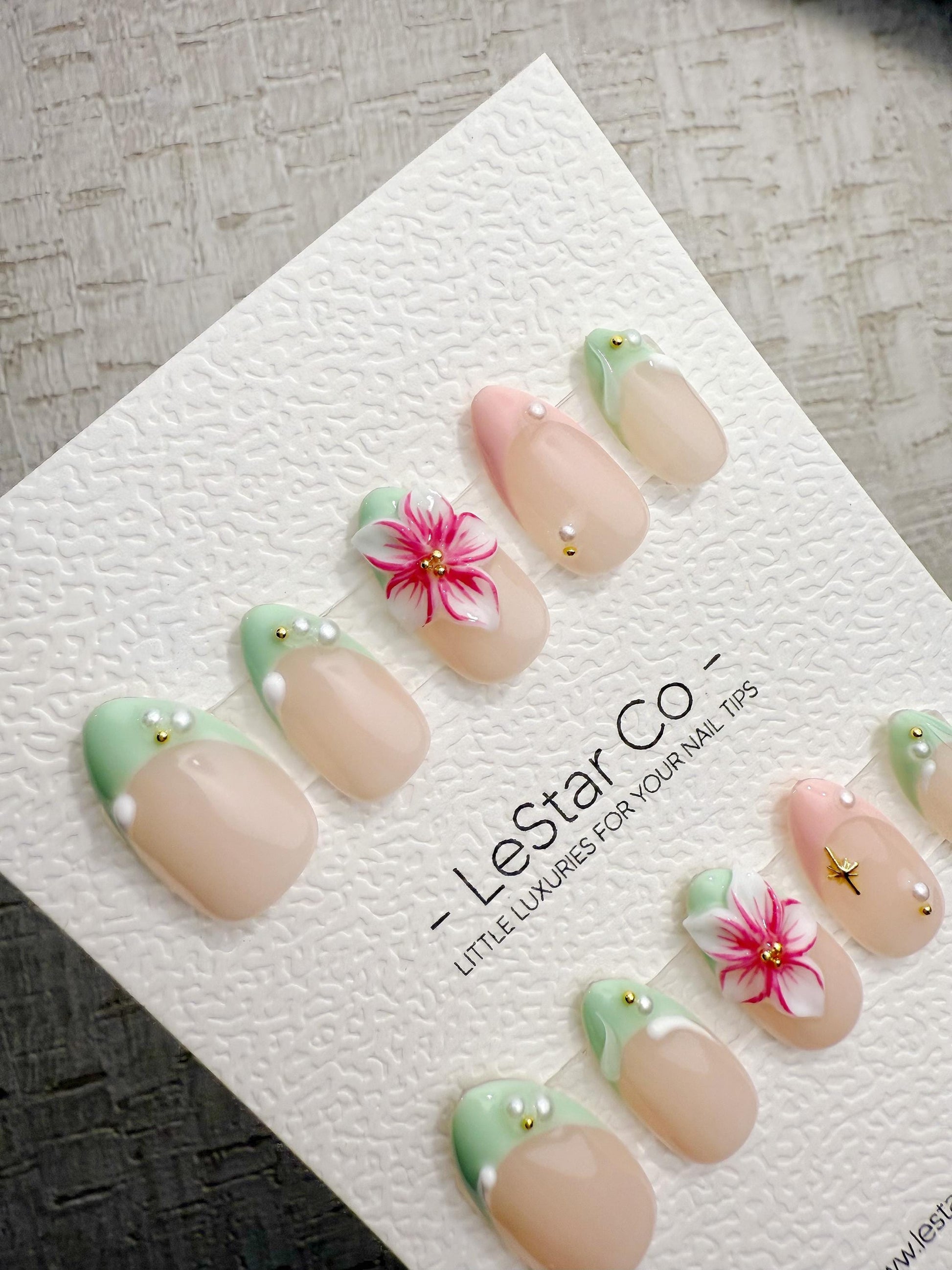 Handmade Press On Mint Tropic Bloom Gel Acrylic Nails 4for3 Timed Offer