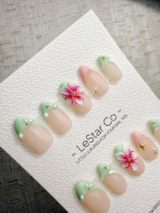 Handmade Press On Mint Tropic Bloom Gel Acrylic Nails 4for3 Timed Offer