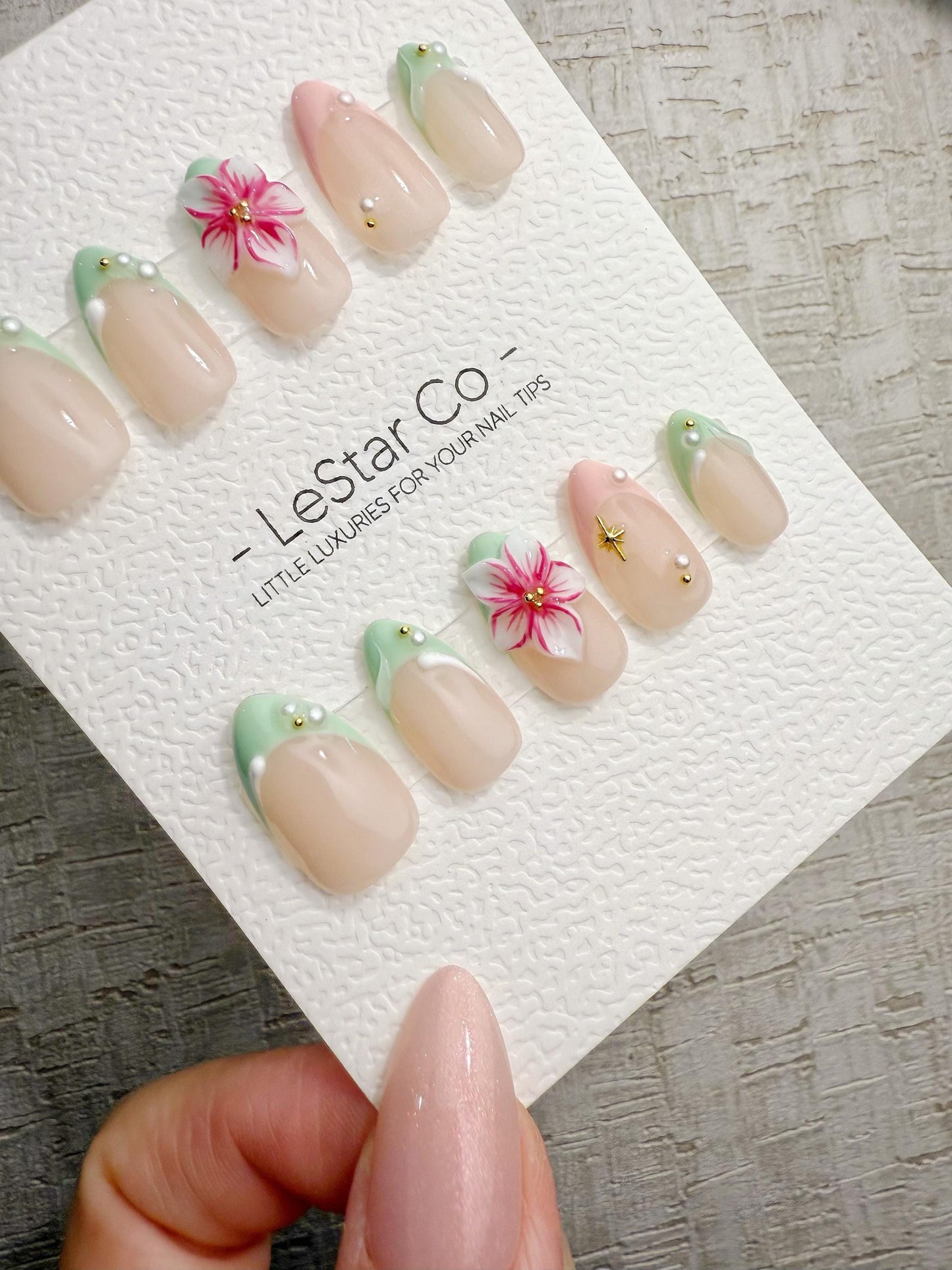 Handmade Press On Mint Tropic Bloom Gel Acrylic Nails 4for3 Timed Offer