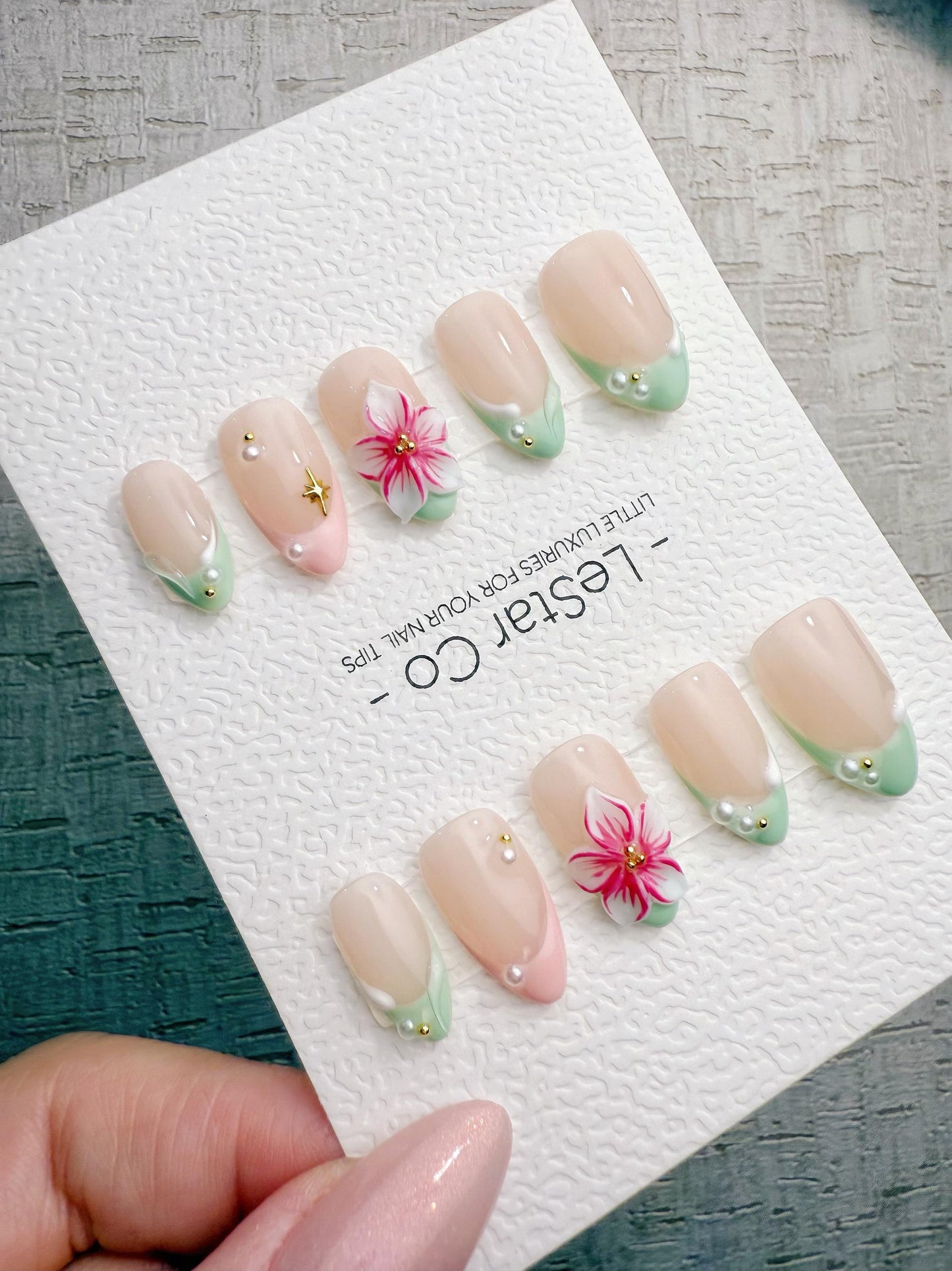 Handmade Press On Mint Tropic Bloom Gel Acrylic Nails 4for3 Timed Offer