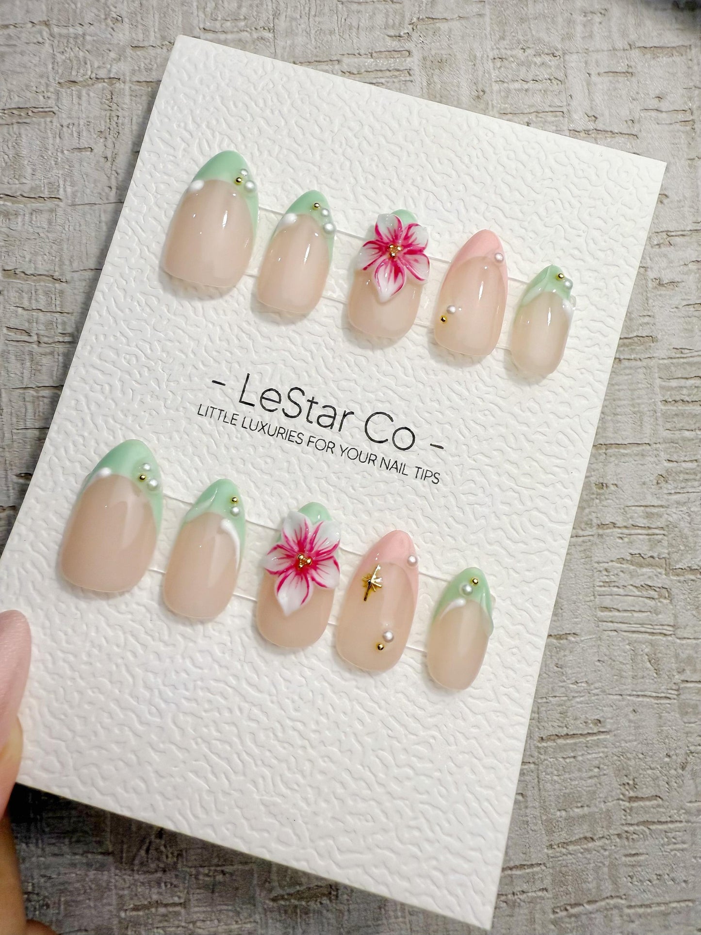 Handmade Press On Mint Tropic Bloom Gel Acrylic Nails 4for3 Timed Offer