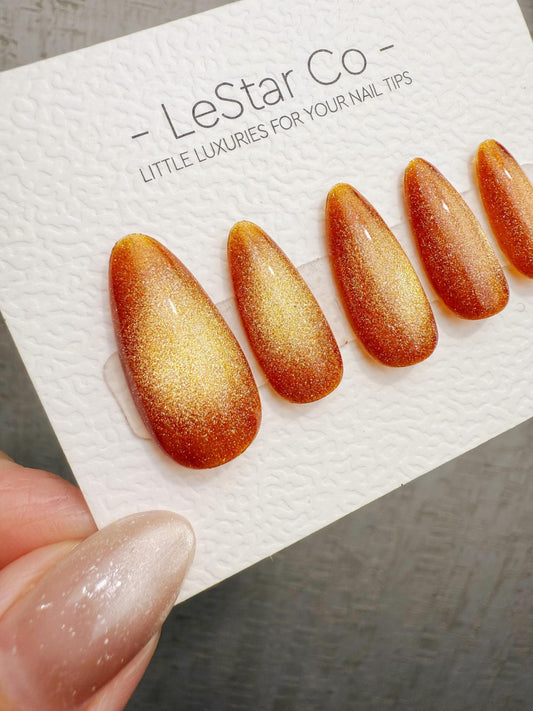 Handmade Press On Sunset Ember Glow Cat Eye Gel Acrylic Nails 4for3 Timed Offer