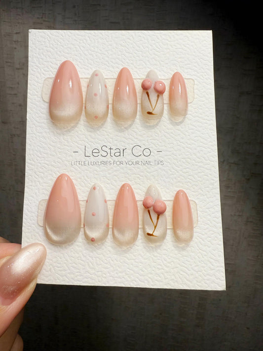Handmade Cat Eye Gel Press On Nails: Cherry Milk