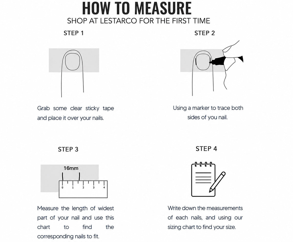 The image is a step-by-step guide on how to measure your nails using a chart and a ruler. It provides instructions on how to measure the width of the nails and use the chart to find the corresponding nails to fit.