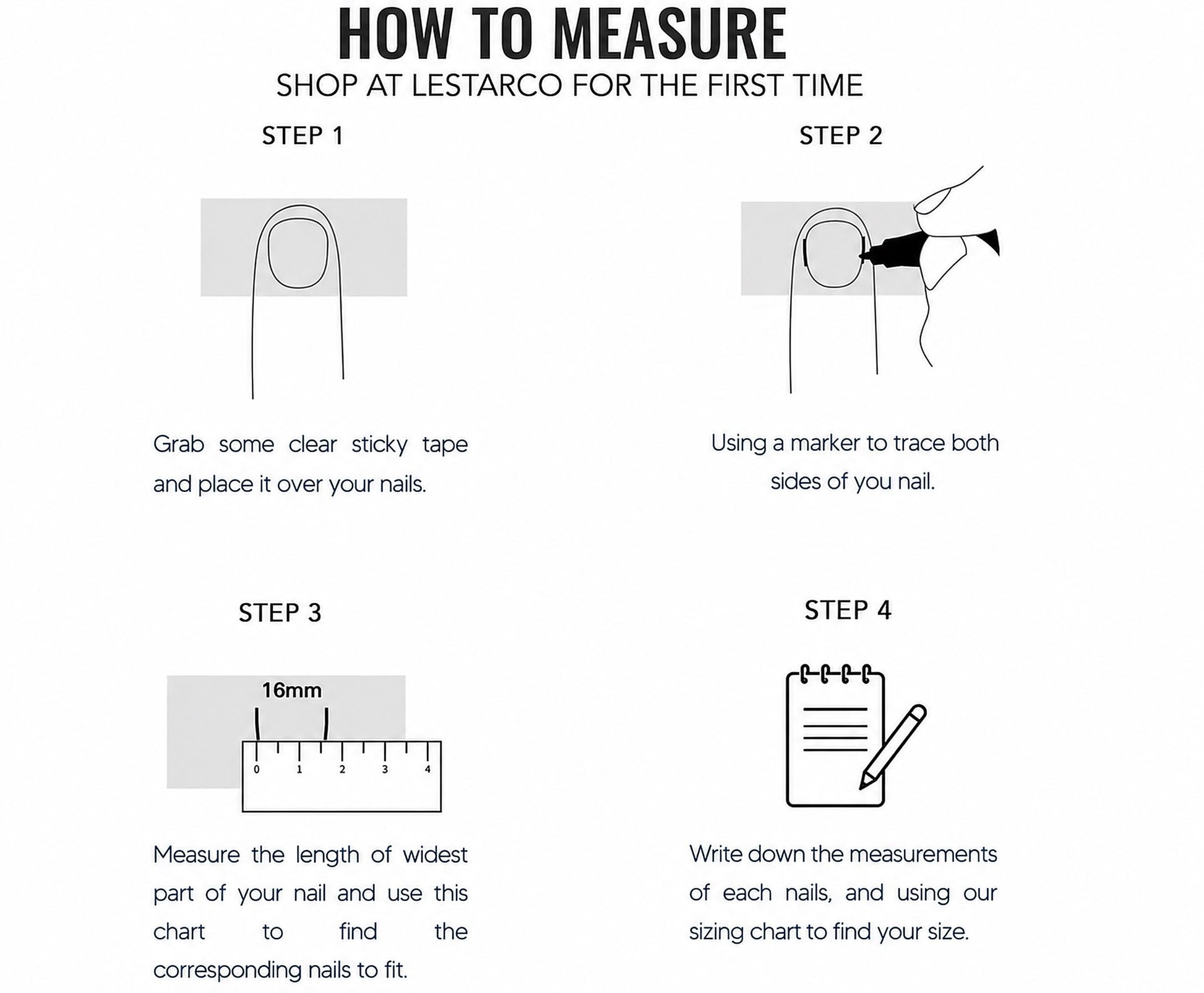 The image is a step-by-step guide on how to measure your nails using a chart and a ruler. It provides instructions on how to measure the width of the nails and use the chart to find the corresponding nails to fit.