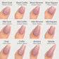 a collection of twelve different nail polish colors, each corresponding to a specific nail shape, such as short oval, short coffin, short almond, short square, mid oval, mid coffin, mid almond, mid square, oval, coffin, almond, and stiletto.