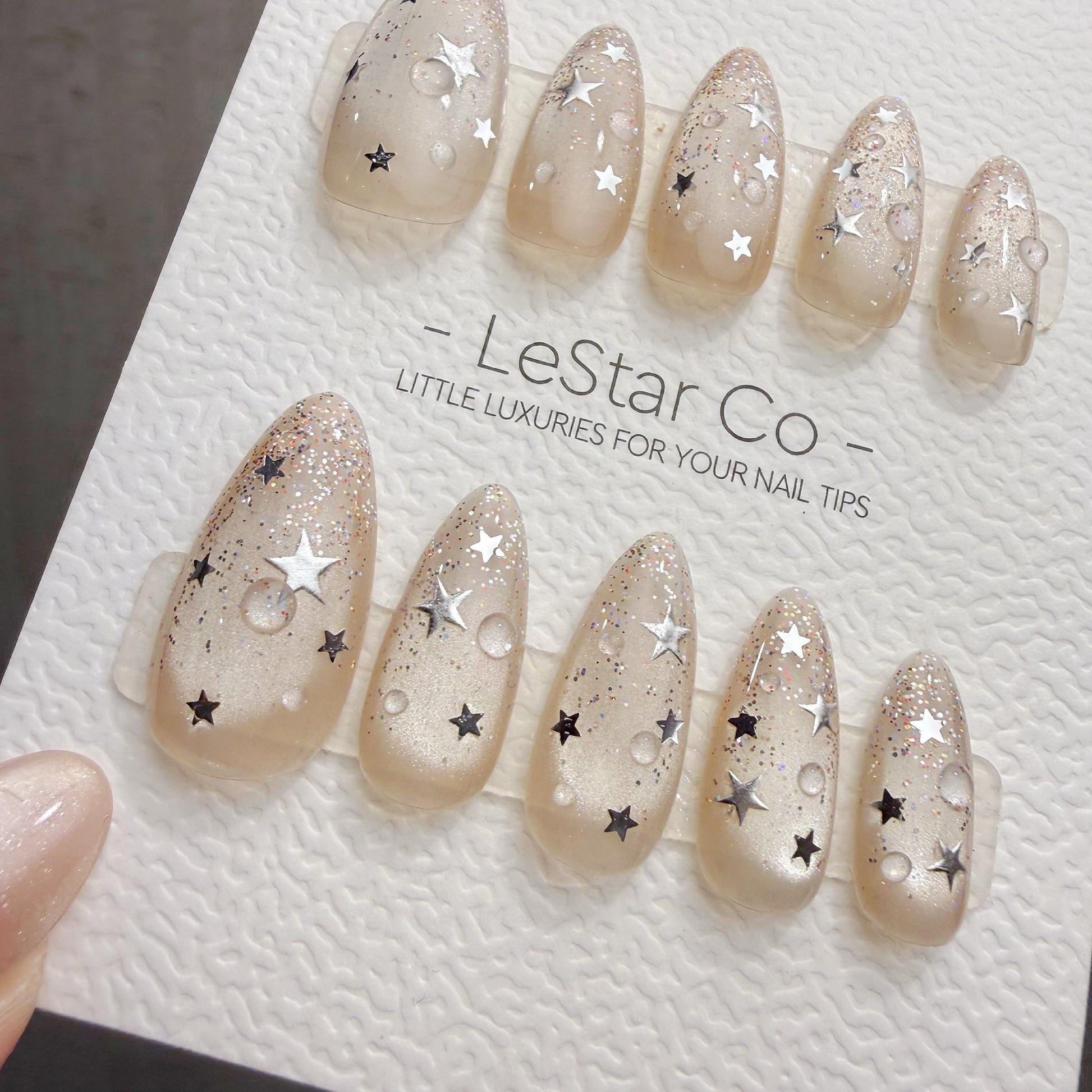 Timed Offer 4 For 3) Handmade Press On Cosmic Dew Gel Acrylic Nails