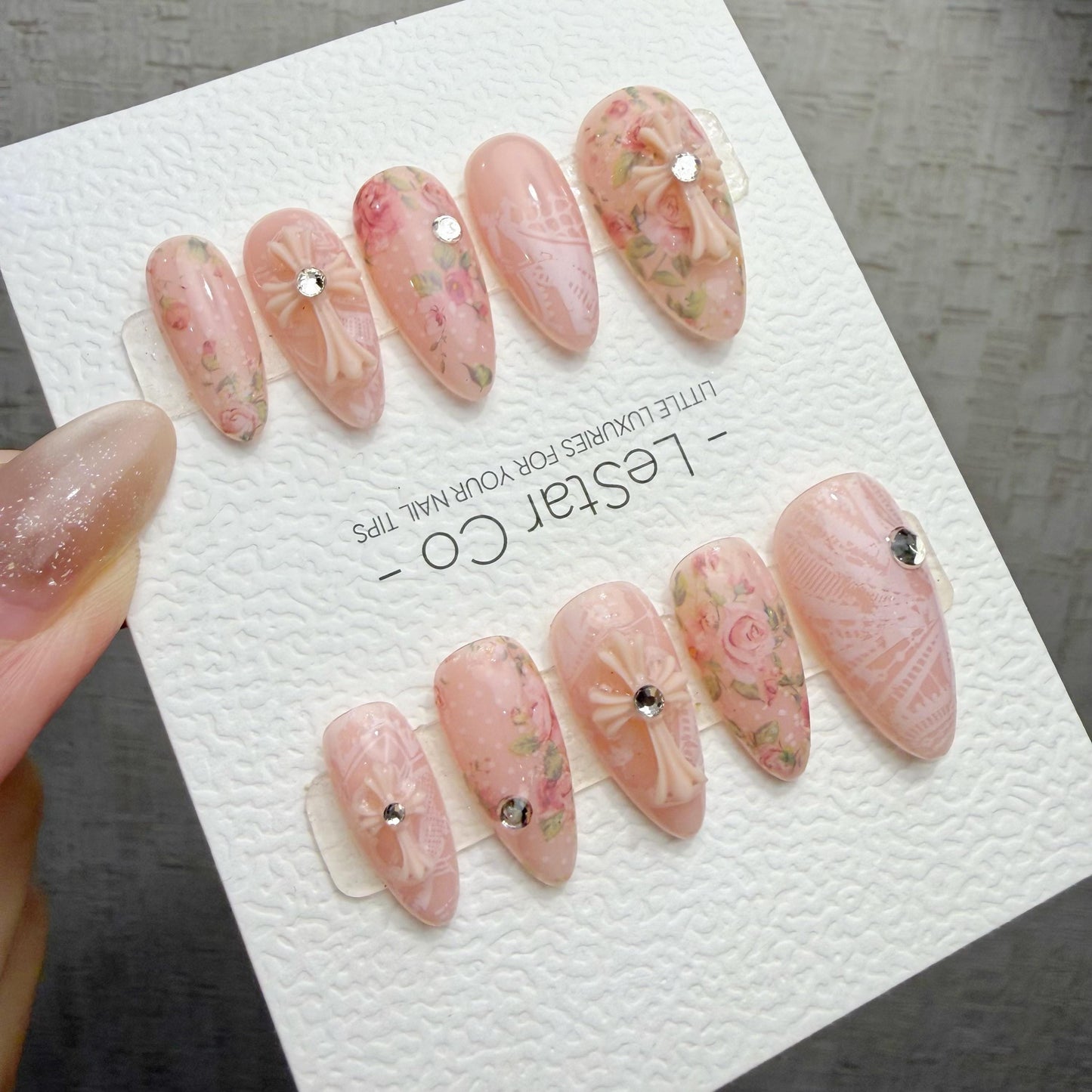Timed Offer 4 For 3) Handmade Press On Blush Lace Garden Gel Acrylic Nails