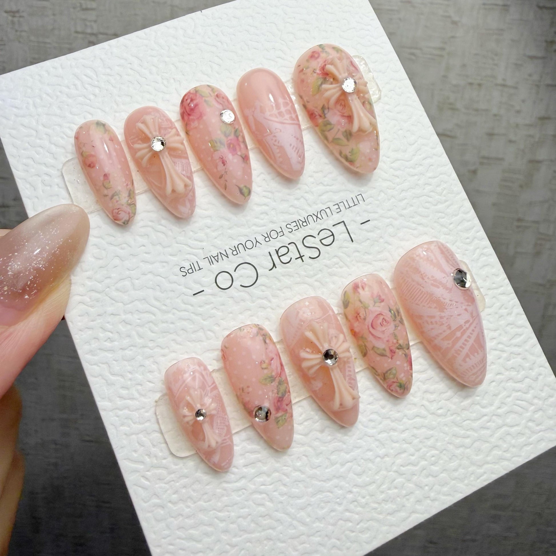 Timed Offer 4 For 3) Handmade Press On Blush Lace Garden Gel Acrylic Nails