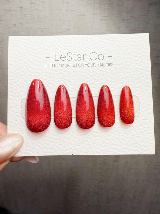Timed Offer 4 For 3) Handmade Press On Ruby Flame Cat Eye Gel Acrylic Nails
