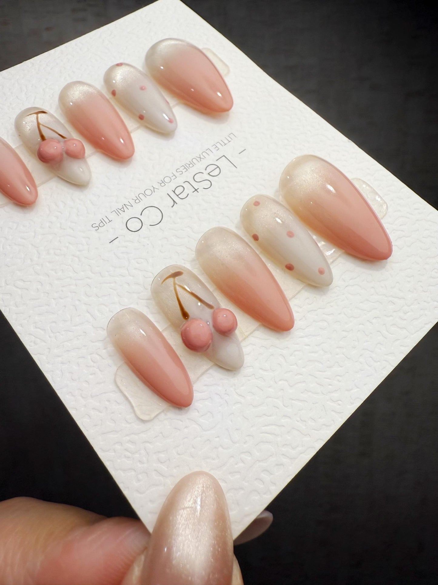 Handmade Cat Eye Gel Press On Nails: Cherry Milk