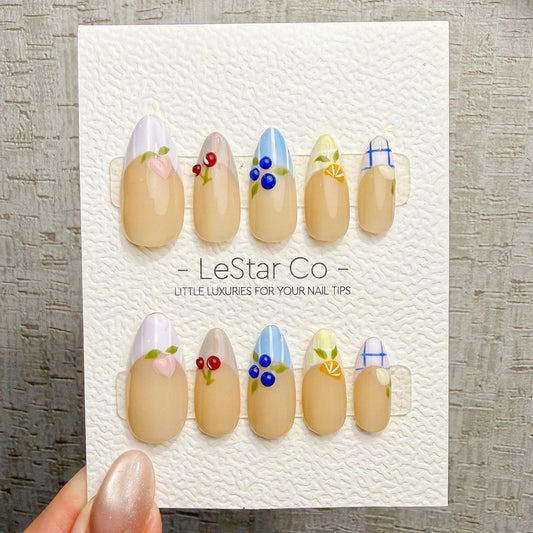 Timed Offer 4 For 3) Handmade Press On Fruit Market Gel Acrylic Nails