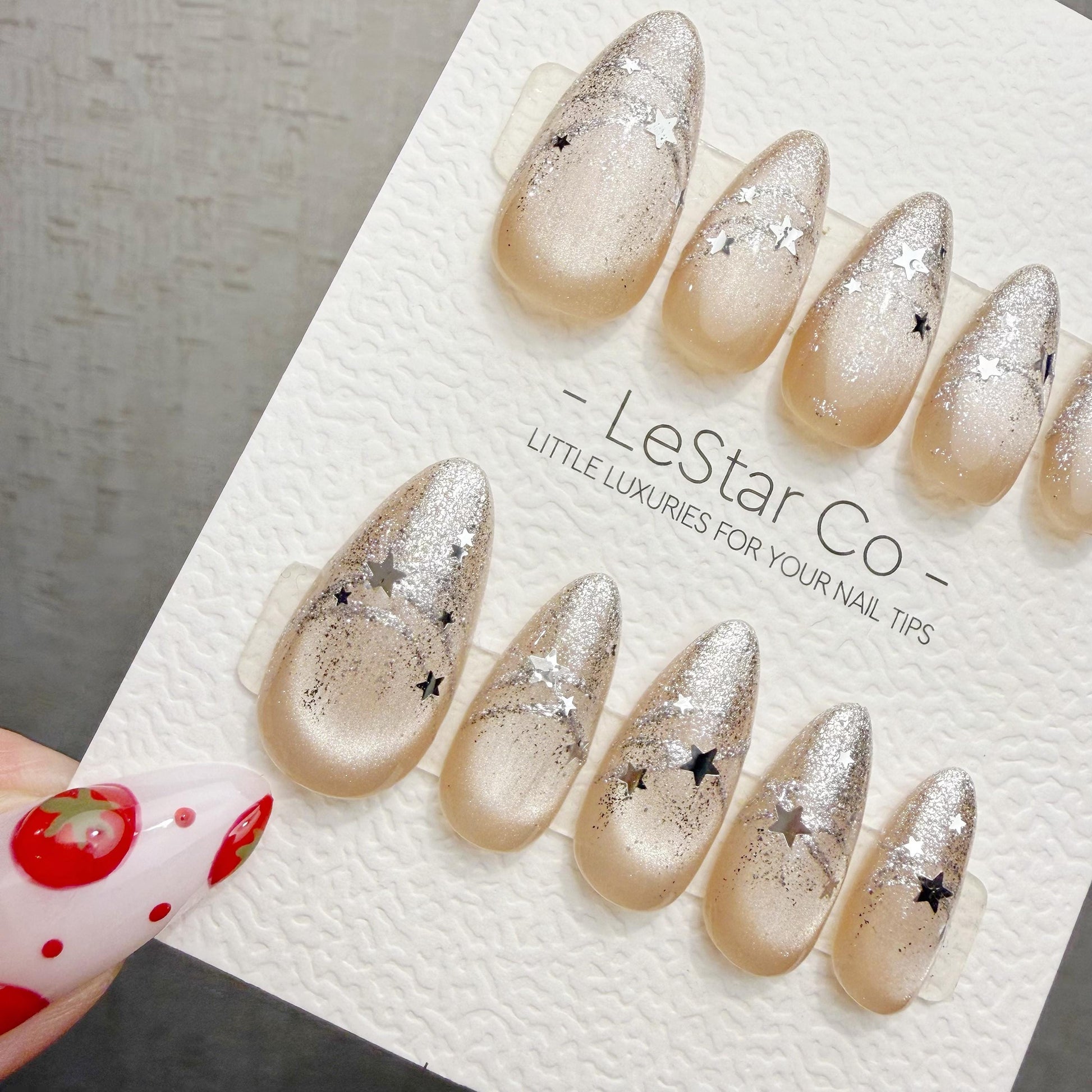 Handmade Starlit Champagne Cat Eye Press On Nails – Gel Acrylic Manicure