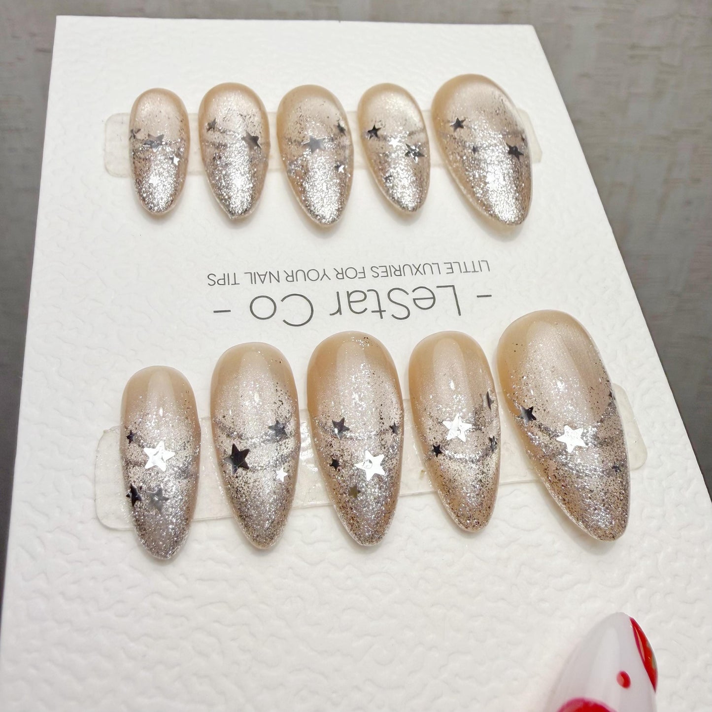 Handmade Starlit Champagne Cat Eye Press On Nails – Gel Acrylic Manicure