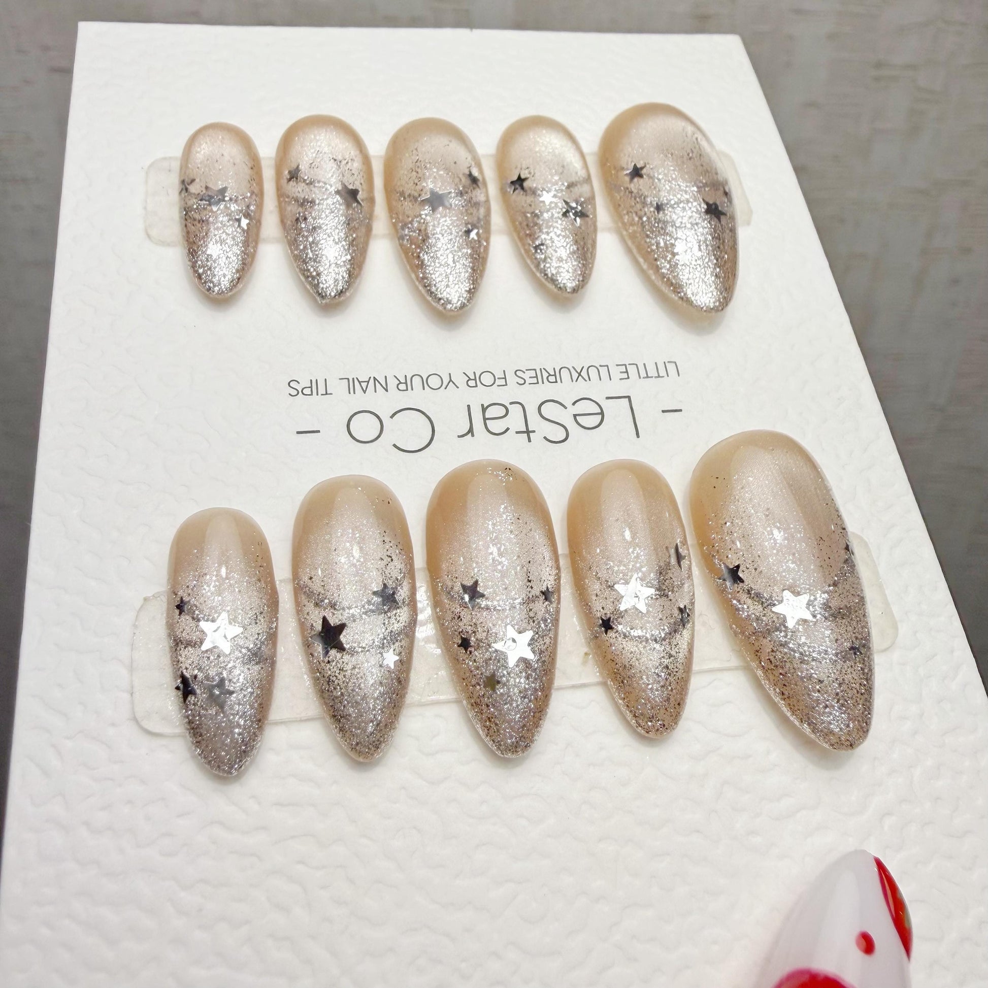 Handmade Starlit Champagne Cat Eye Press On Nails – Gel Acrylic Manicure