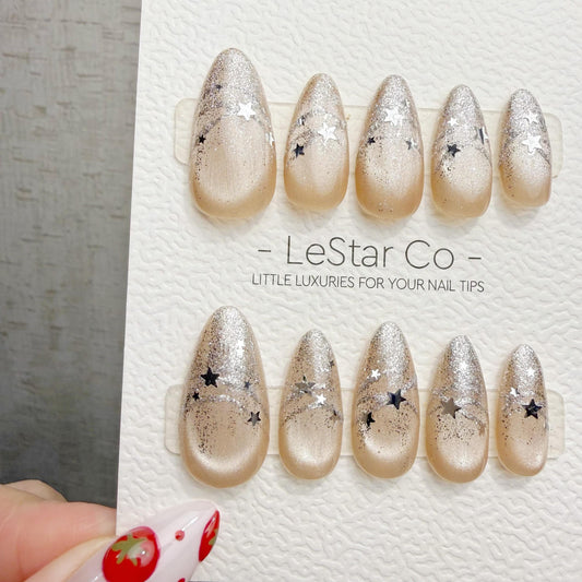 Handmade Starlit Champagne Cat Eye Press On Nails – Gel Acrylic Manicure