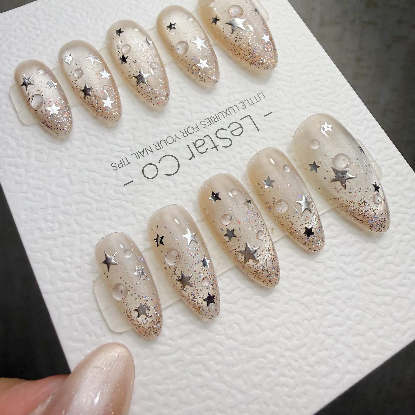 Timed Offer 4 For 3) Handmade Press On Cosmic Dew Gel Acrylic Nails