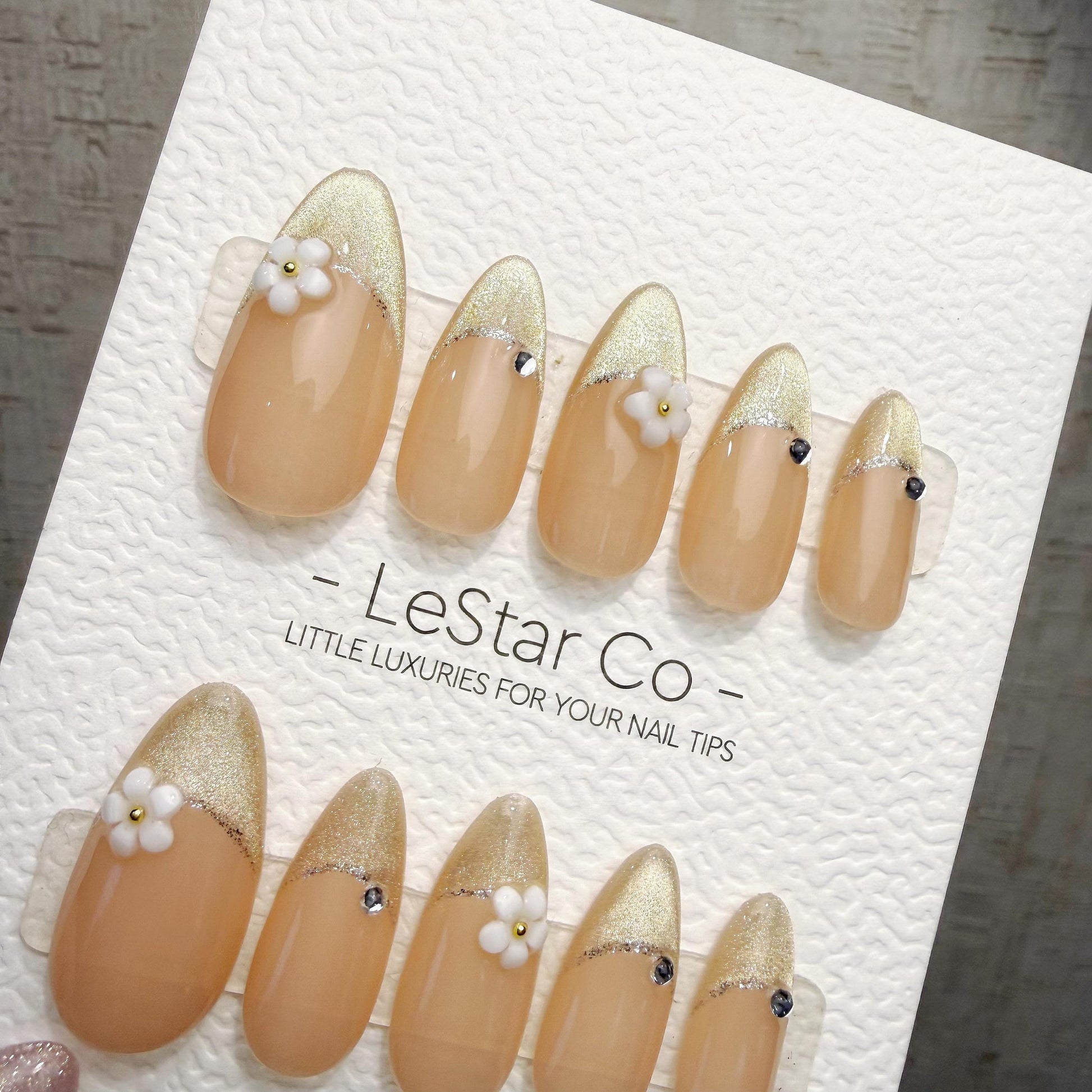 Timed Offer 4 For 3) Handmade Press On Champagne Blossom Gel Acrylic Nails