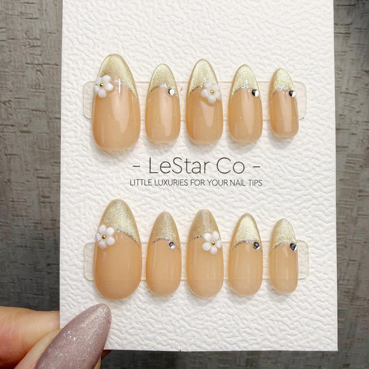 Timed Offer 4 For 3) Handmade Press On Champagne Blossom Gel Acrylic Nails