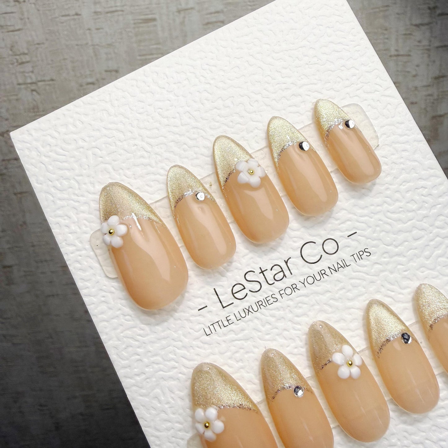 Timed Offer 4 For 3) Handmade Press On Champagne Blossom Gel Acrylic Nails
