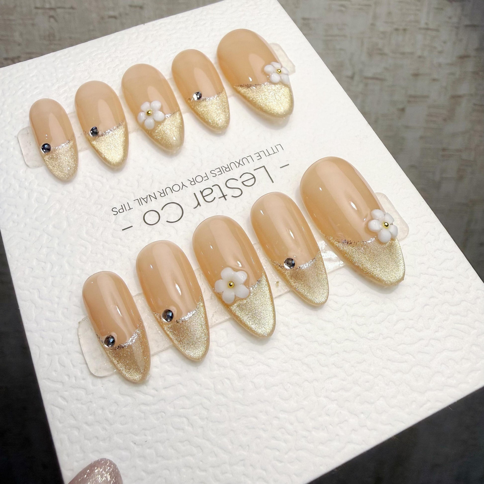 Timed Offer 4 For 3) Handmade Press On Champagne Blossom Gel Acrylic Nails